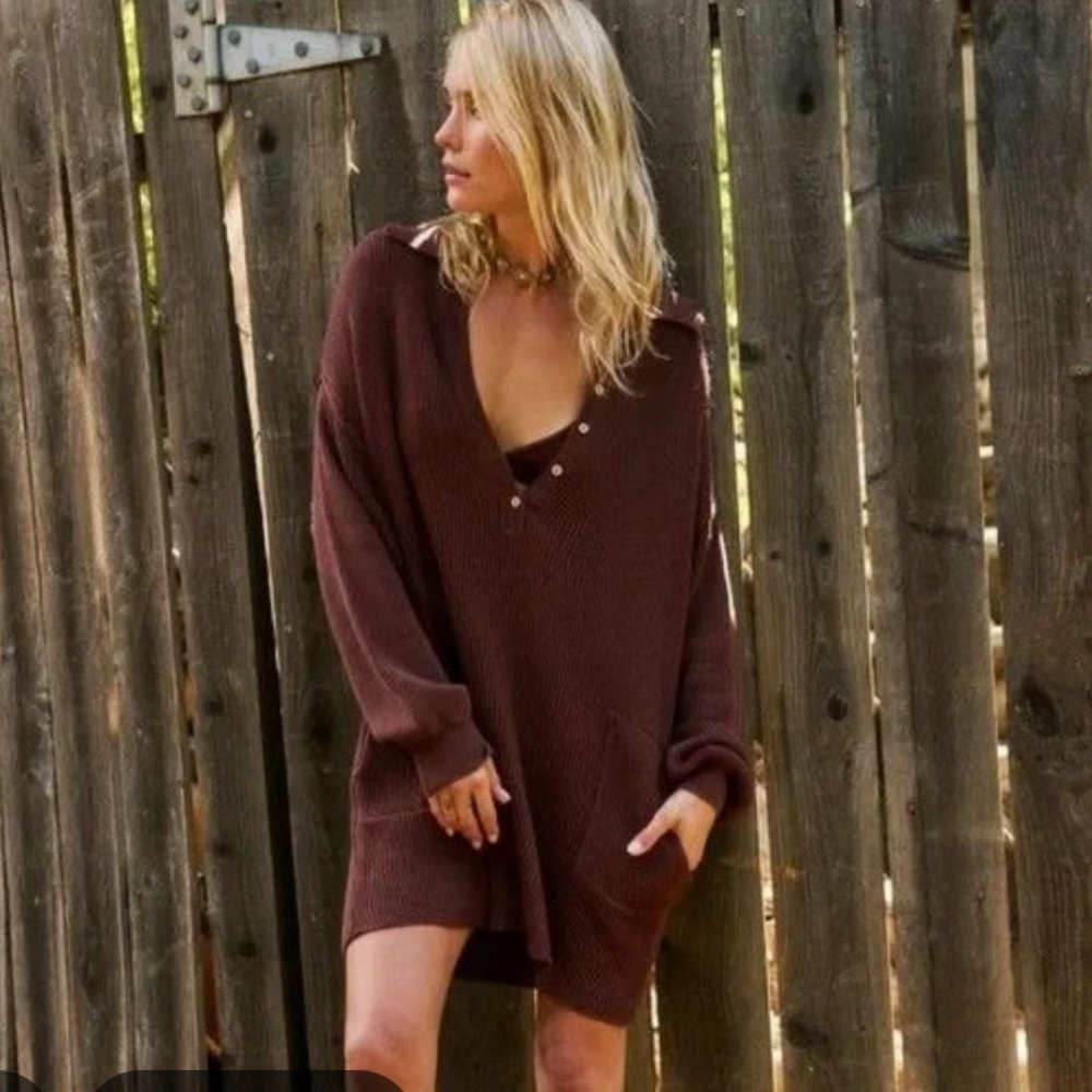 Free People FP Beach Picnic Sweater Collared Dress in Brown